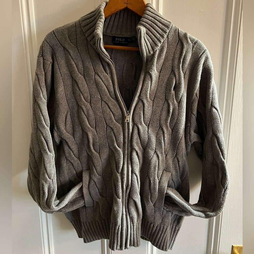 Ralph Lauren Polo Grey Cable Knit Full Zip Mock Turtleneck WM Size XL